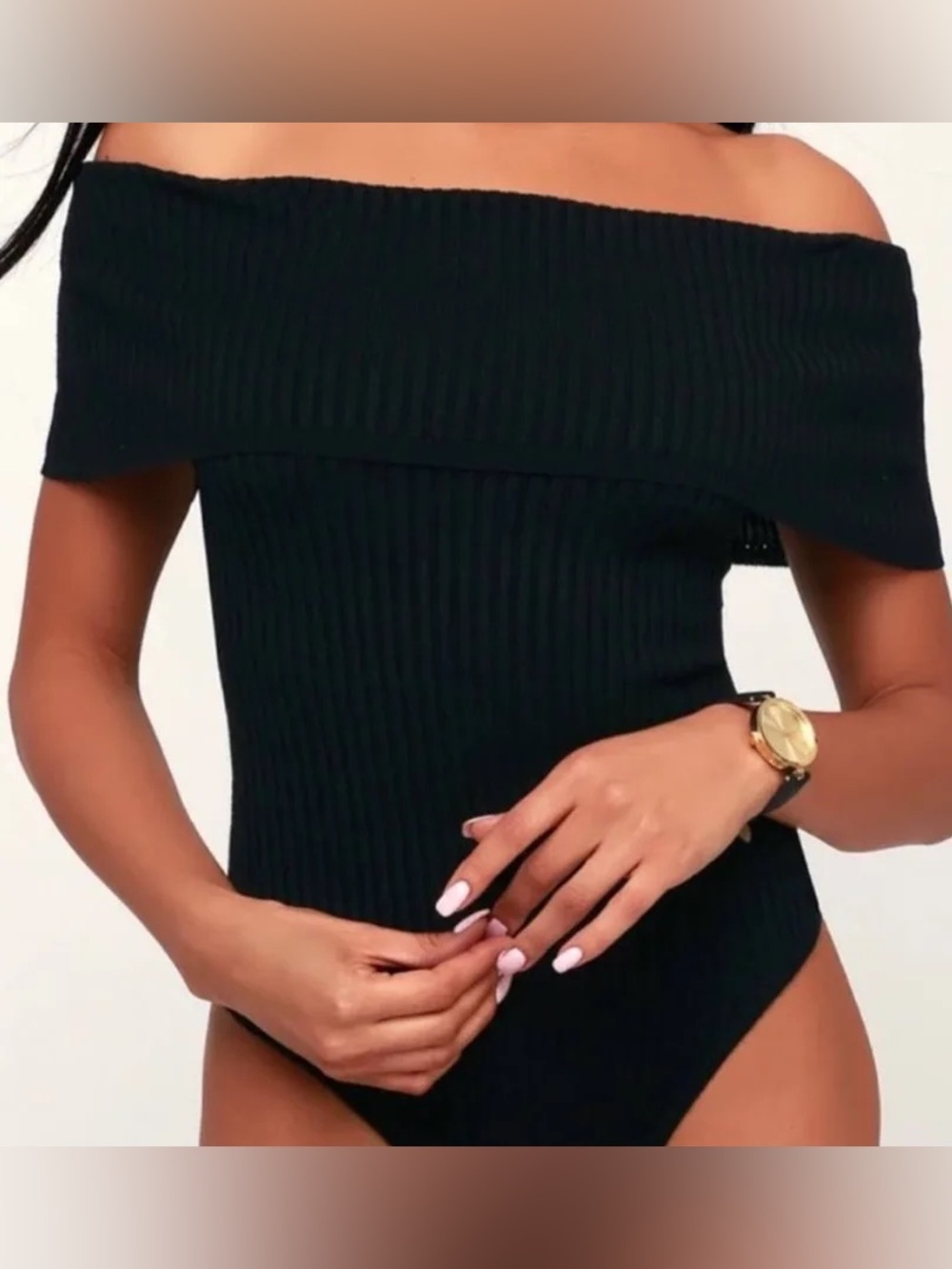 Free People Black Ribbed Knit Off-Shoulder Bodysuit XS Foldover Neckline